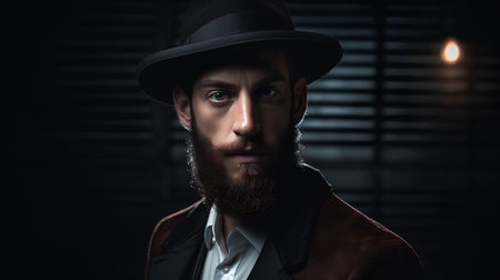 Portrait of a handsome man in a top hat. Men's beauty, fashion.の素材