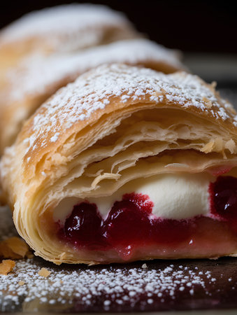 Close up of a strudel with cherries and powdered sugarの素材