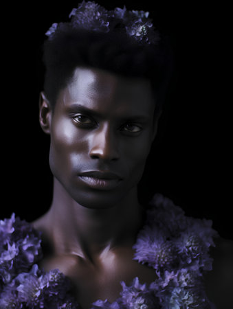 Portrait of beautiful african american woman with purple flowers on black backgroundの素材