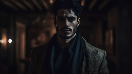 Portrait of a handsome young man in a dark room. Men's beauty, fashion.の素材