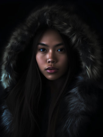 Portrait of a beautiful young asian woman in a fur coatの素材