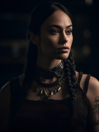 Portrait of a beautiful brunette woman with braids in a night club.の素材