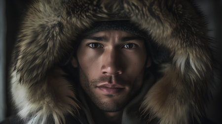 Portrait of a young man in a fur coat and hat.の素材