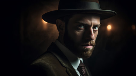 Portrait of a handsome man with a beard in a cylinder hat.の素材