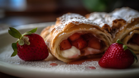 Strawberry strudel with cream on a white plate. Selective focus.の素材