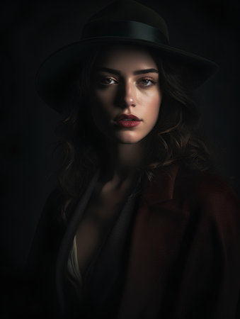 Portrait of a beautiful young woman in hat and coat on dark backgroundの素材