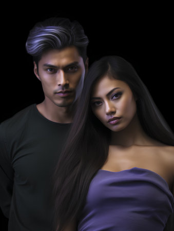 Portrait of a beautiful young couple on a black background. Fashion shot.の素材