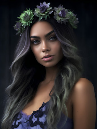 Portrait of a beautiful young woman with long wavy hair and flowers in her hairの素材