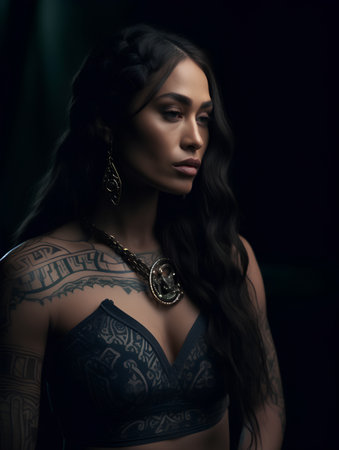 Beautiful young woman in black lingerie and jewelry on dark backgroundの素材