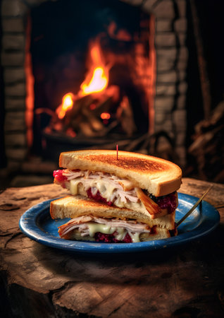 sandwich with ham, cheese and cherry on a wooden table in front of the fireplaceの素材