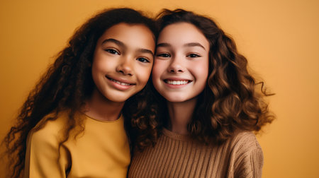 happy multiethnic girls looking at camera and smiling at camera isolated on yellowの素材