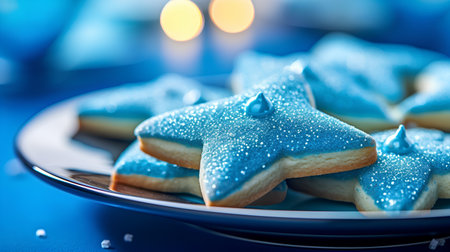 Christmas cookies in the shape of a star on a blue background.の素材
