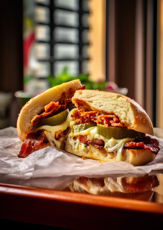 sandwich with bacon, cheese, onion and pickled cucumberの素材