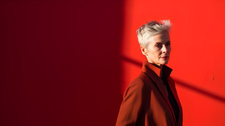Portrait of a beautiful mature woman with short blond hair on a red backgroundの素材