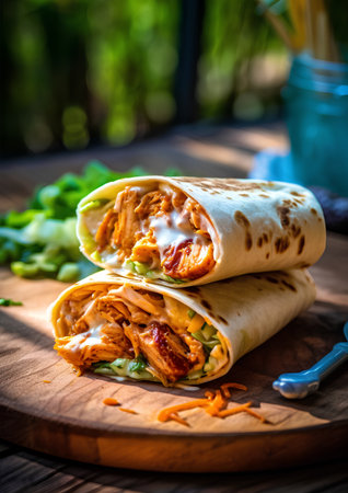 Traditional mexican burrito with chicken and vegetables on wooden boardの素材