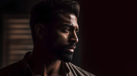 Portrait of handsome bearded man looking away while standing in dark roomの素材