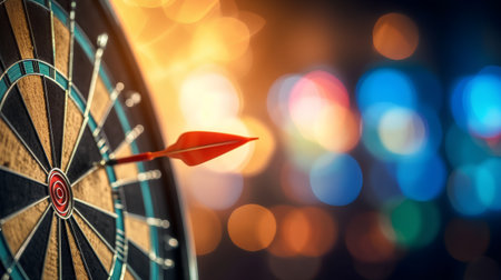 Dartboard with dart arrow on colorful bokeh background.の素材