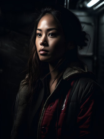 Portrait of a beautiful young asian woman in a dark roomの素材