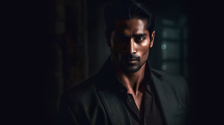 Portrait of a handsome Indian man in a dark room. Men's beauty, fashion.の素材