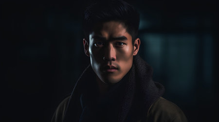 Portrait of a handsome asian man wearing a coat and scarfの素材