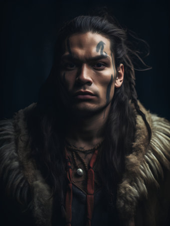 Portrait of a man in the image of an ancient warrior on a dark backgroundの素材