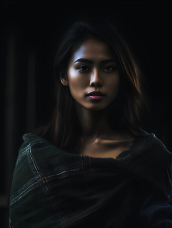 beautiful asian woman wrapped in plaid looking at camera isolated on blackの素材