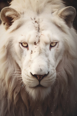 Portrait of a white lion in the nature. Vintage style.の素材