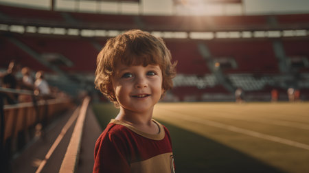 Portrait of a cute little boy in a red t-shirt at the stadiumの素材