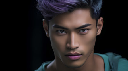 Portrait of a handsome young man with purple hair on black backgroundの素材