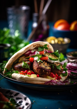 Grilled meatballs with vegetables and pita bread on blue backgroundの素材