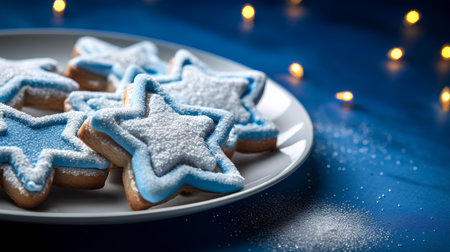 Christmas cookies in the form of stars on a plate on a blue backgroundの素材