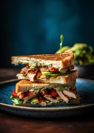 Sandwiches with chicken, avocado and tomato on a blue plateの素材