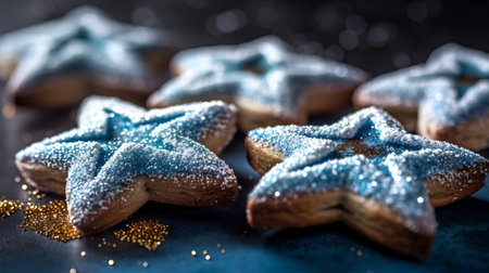 Christmas cookies with icing sugar on a dark background. Selective focus.の素材