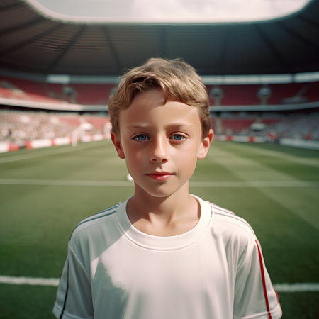 Portrait of a boy in a white T-shirt on the background of the stadium.の素材