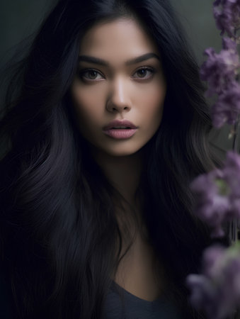 Beautiful young woman with long black hair and purple lilac flowersの素材