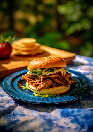 Sandwich with pulled pork, lettuce, tomato and mayonnaiseの素材