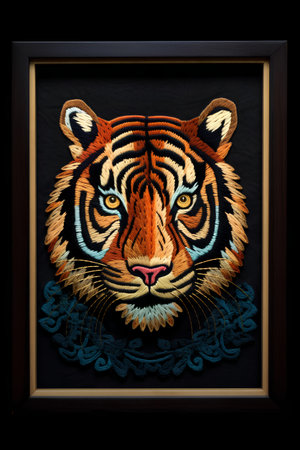tiger head embroidery on a black background in a frameの素材