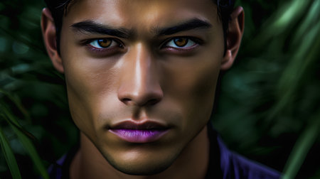 Close-up portrait of a handsome young man in a purple shirtの素材