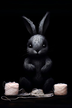 Easter bunny with a ball of thread on a black background.の素材