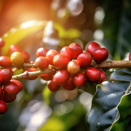 Coffee beans ripening on tree in coffee plantation. Coffee tree with ripe berries.の素材
