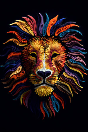 Colorful lion head on black background. Hand drawn vector illustration.の素材