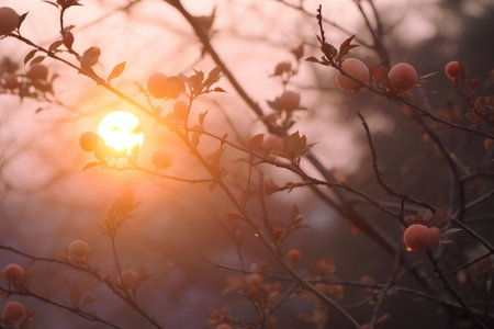 Sunset on the branch of a dogrose with red berries.