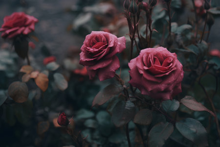 Beautiful pink roses in the garden. Vintage style toned pictureの素材