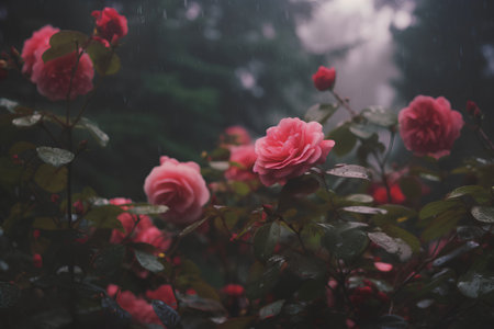 Beautiful pink roses in the rain on a rainy day. Selective focusの素材