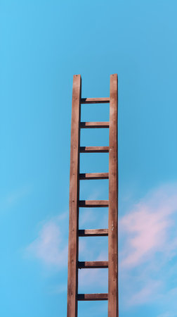 Wooden ladder on blue sky background. 3d render illustration.の素材