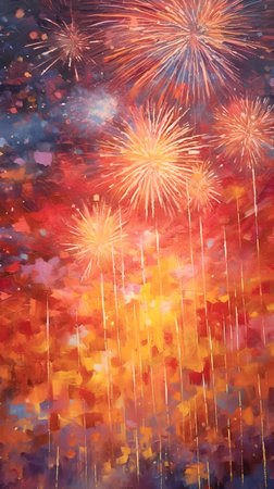 Colorful fireworks on the sky background. Watercolor painting on canvas.の素材