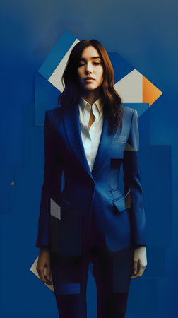 Portrait of a beautiful young woman in a blue suit on a blue background.の素材