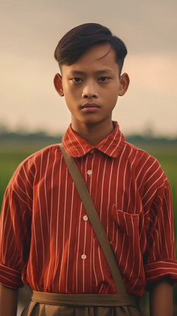 Portrait of a young asian boy in traditional costume at the rice fieldの素材