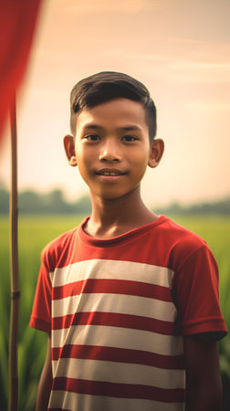 Cute asian boy standing in the rice field at sunset.の素材
