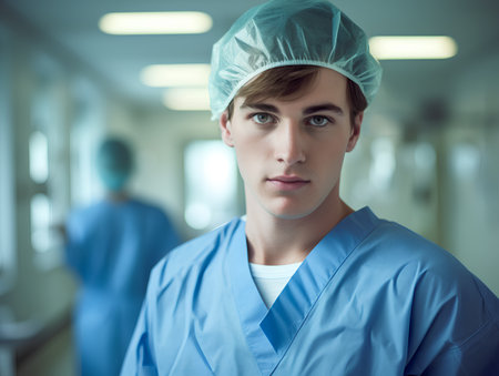 Portrait of young male surgeon in operation room at hospital. Focus on manの素材